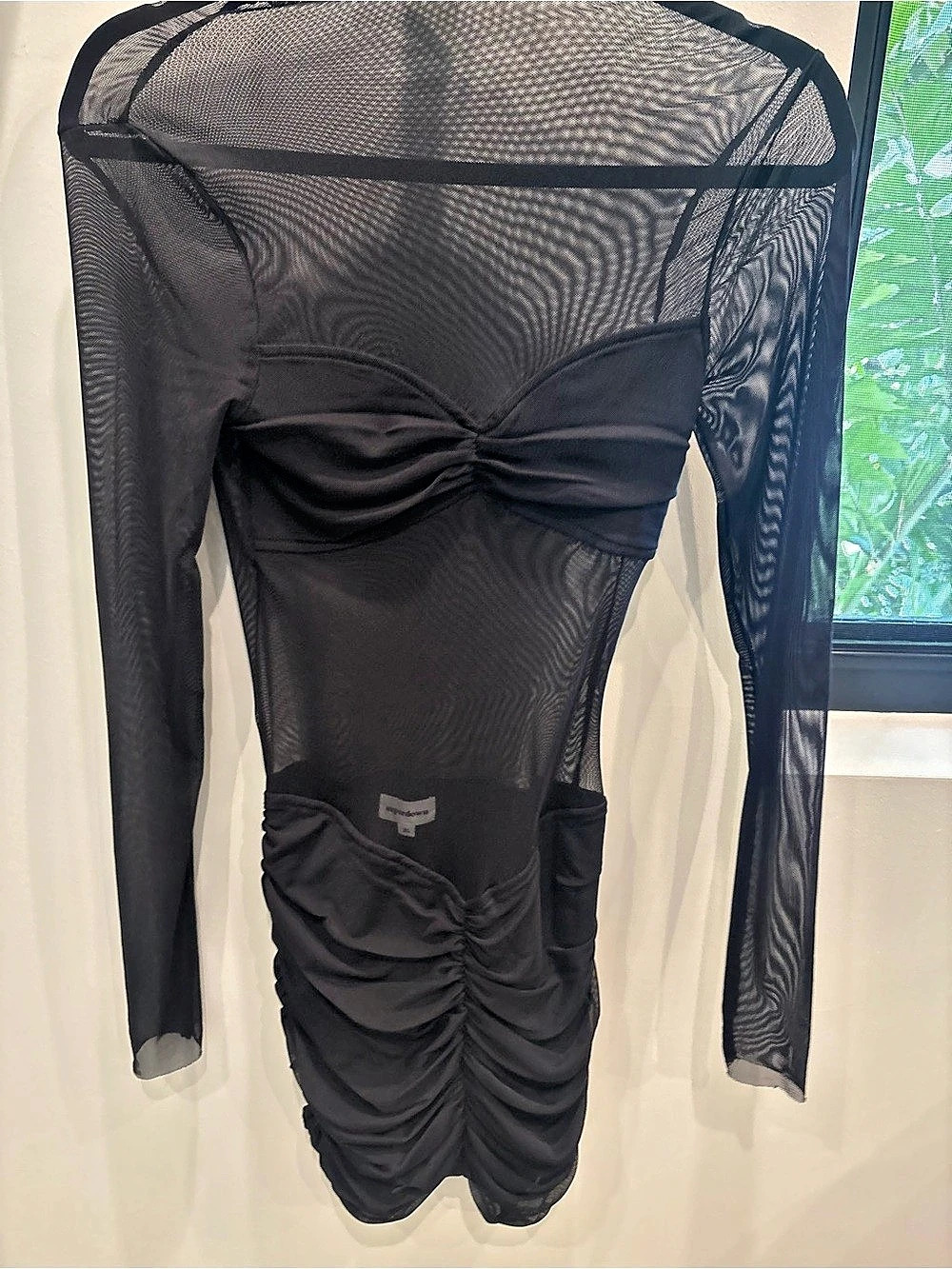 Black Ruched Mesh Mini Dress Like New